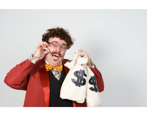 man holding two bags of money, twisting the end of his moustache