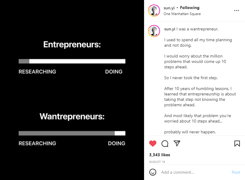 A graph where one bar says Entrepreneurs and  maybe 10% is marked as researching and 90% is marked as doing. Another bar says Wantrepreneurs and 90% is marked researching and 10% doing.